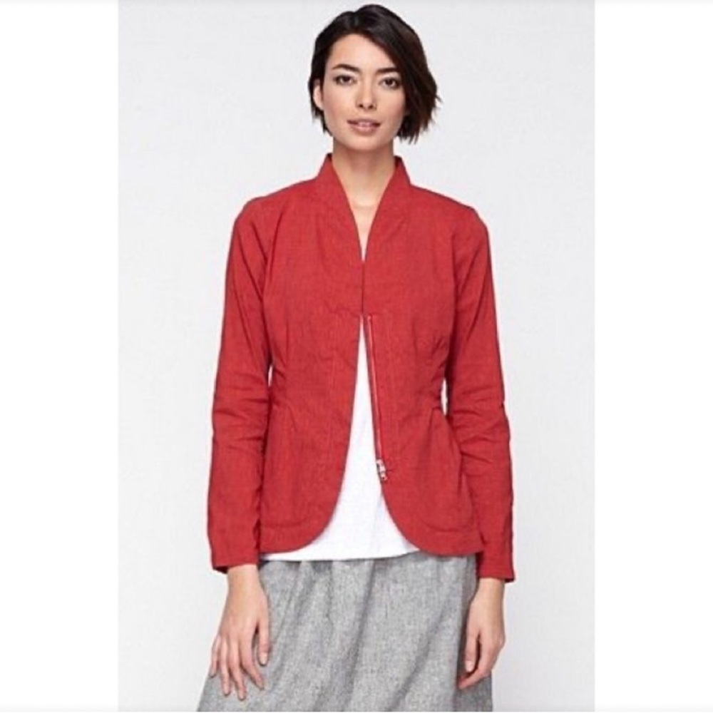 Eileen Fisher Linen Blend Zip Front Peplum Jacket Petite M Red Long Sleeve